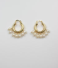 Load image into Gallery viewer, gold layered hoops hand wired with pearls