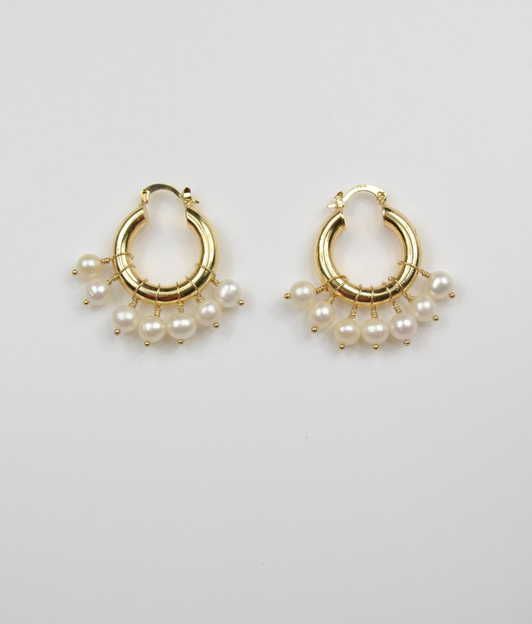 gold layered hoops hand wired with pearls