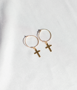 Blessed Gold Filled Cross Drop Hoops